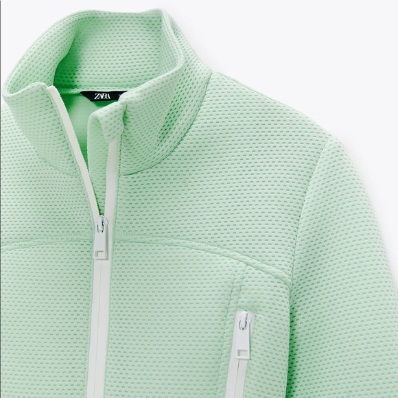Zara Seafoam Green High-Neck Lightweight Cropped Jacket w/ Perforated Fabric NWT - Picture 3 of 5